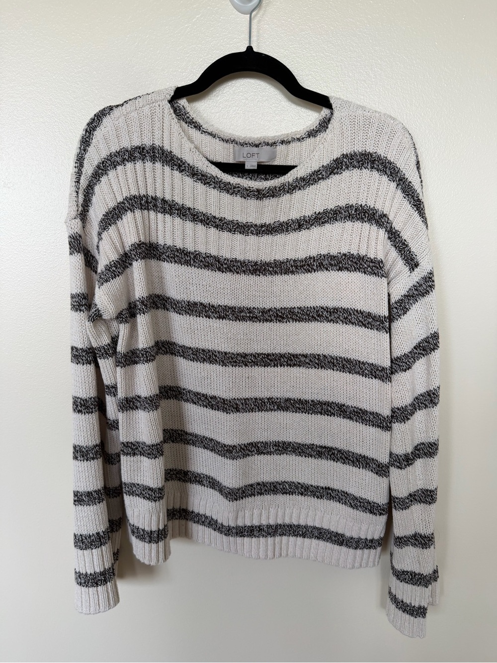 LOFT Black & Crean Striped Ribbed Knit Sweater